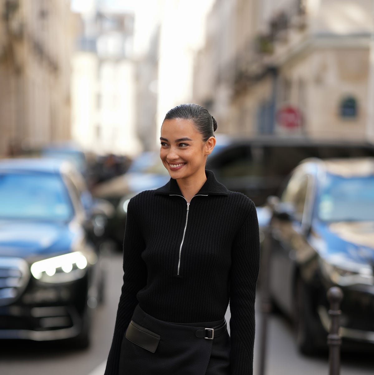 Quarter Zip Sweater With Leather Belt Detail — Aesthetic Black Sweater Outfit