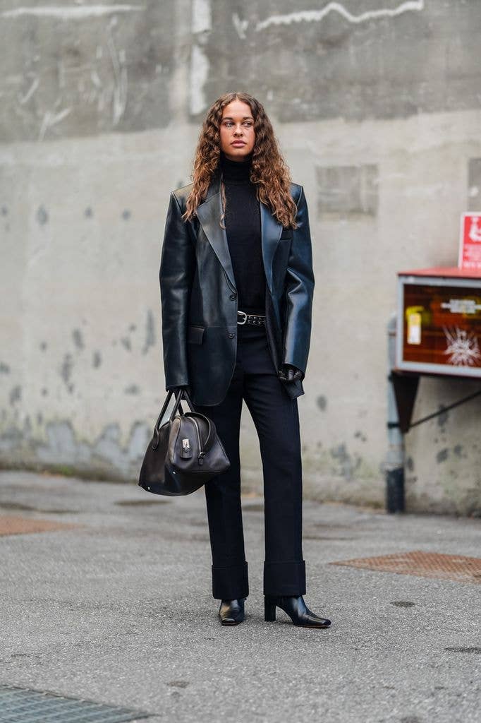 Turtleneck Sweater With Leather Blazer And Trousers — Aesthetic Black Sweater Outfit