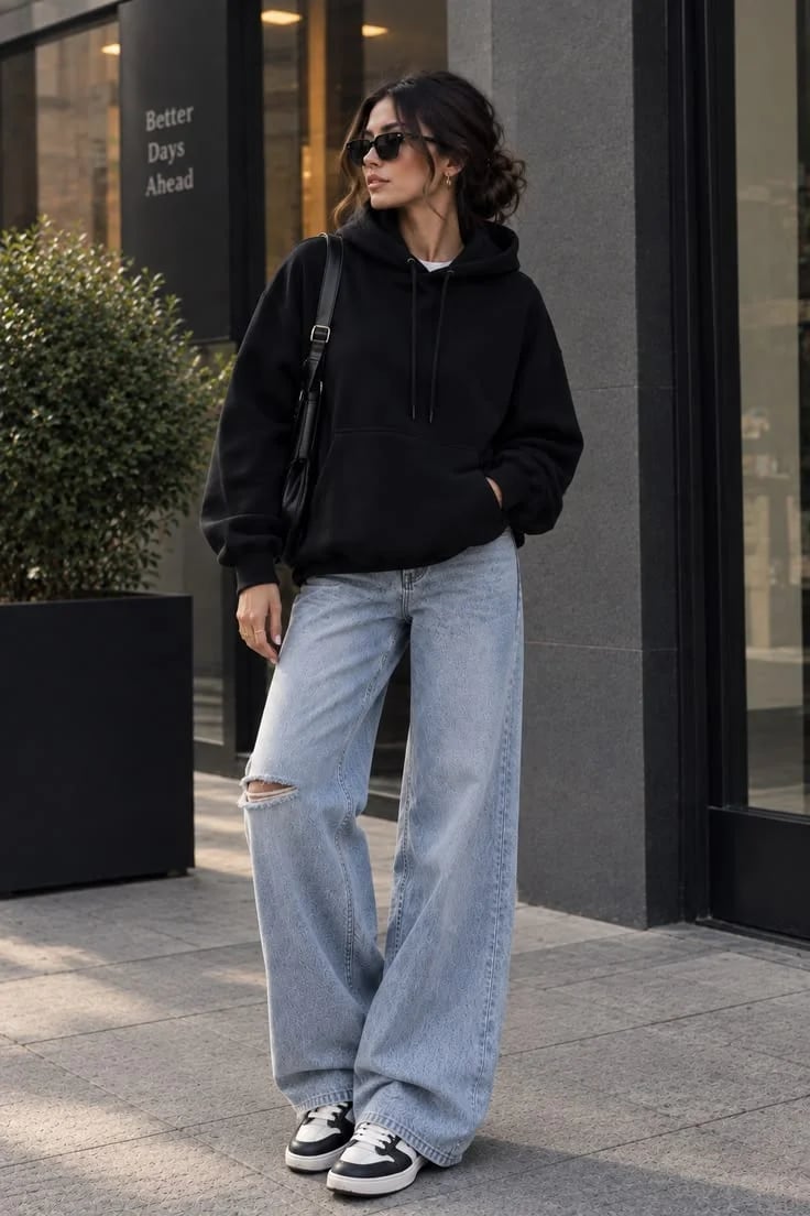 Oversized Hoodie With Ripped Jeans — Aesthetic Black Sweater Outfit