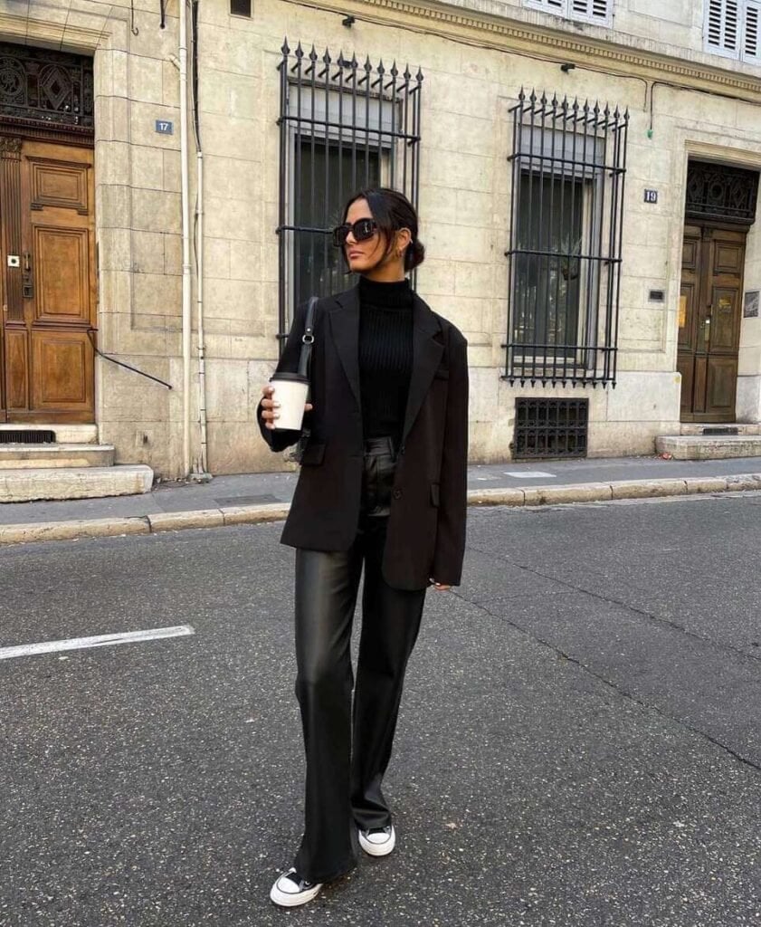 Turtleneck Sweater Under Oversized Blazer With Leather Pants — Aesthetic Black Sweater Outfit