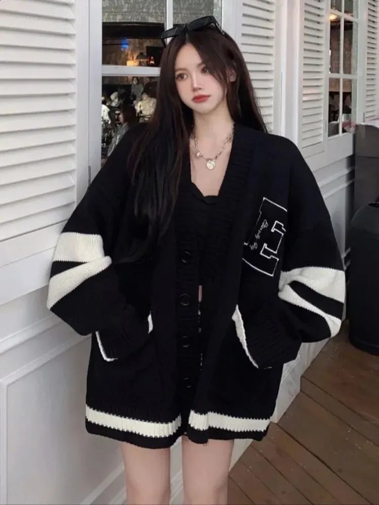 Chunky Knit Cardigan With Striped Sleeves — Aesthetic Black Sweater Outfit