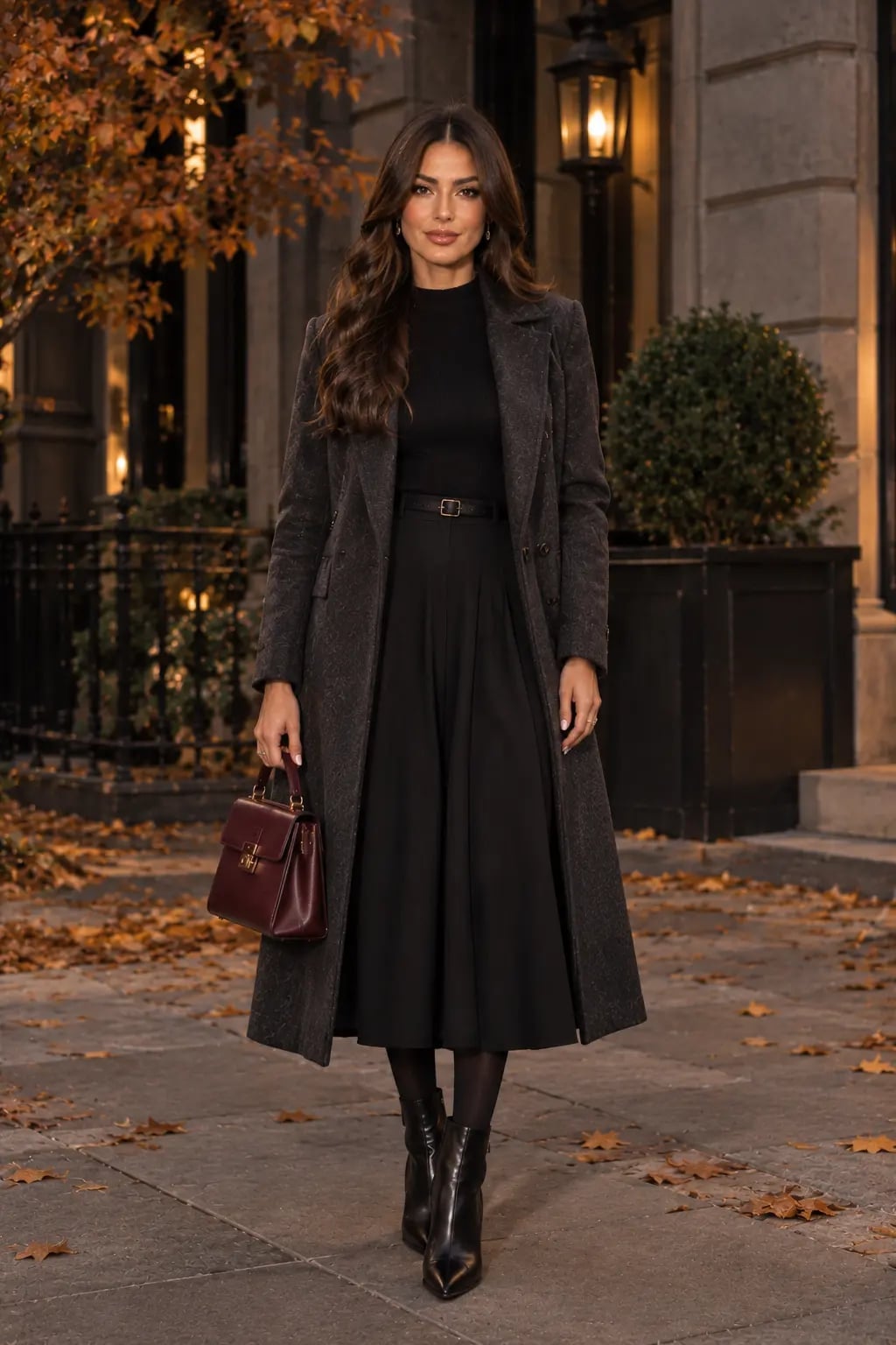 Turtleneck Sweater With Pleated Midi Skirt And Textured Coat — Aesthetic Black Sweater Outfit