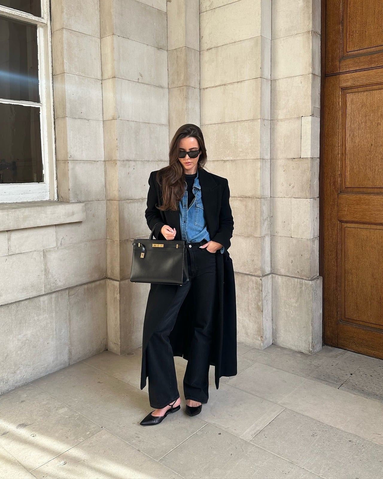Turtleneck With Denim Shirt Under Long Coat — Aesthetic Black Sweater Outfit