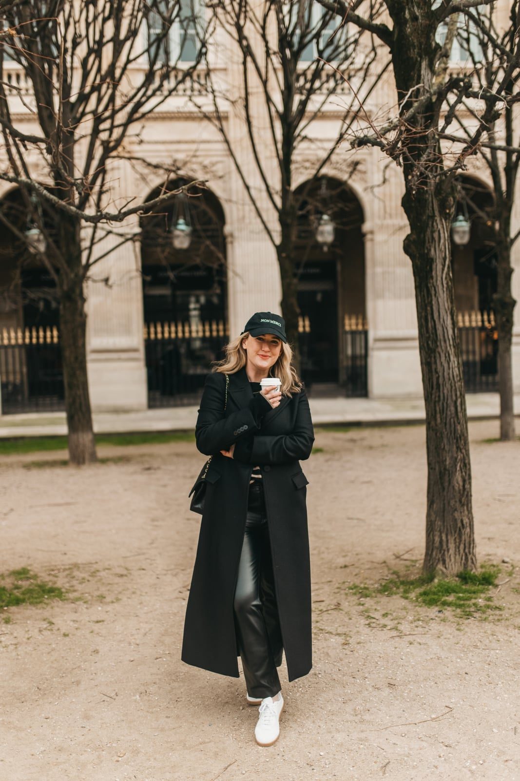 Black Coat Over Sweater With Leather Pants And Sneakers — Aesthetic Black Sweater Outfit