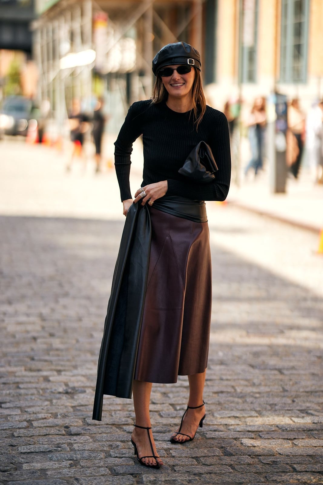 Ribbed Sweater With Leather Midi Skirt And Beret — Aesthetic Black Sweater Outfit