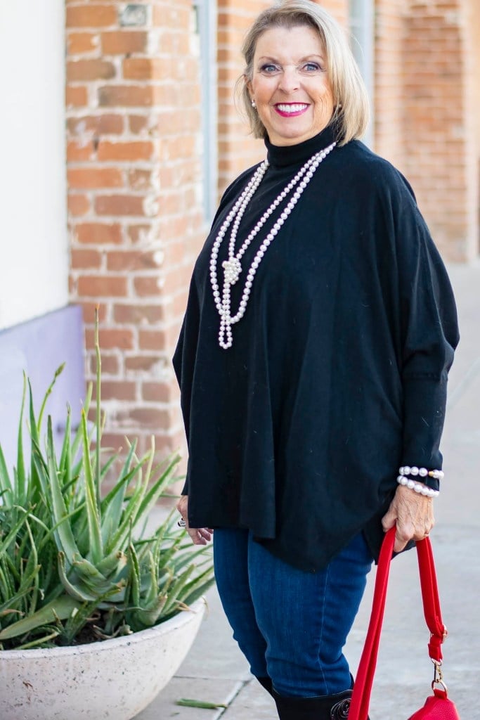 Oversized Poncho Sweater With Pearls — Aesthetic Black Sweater Outfit