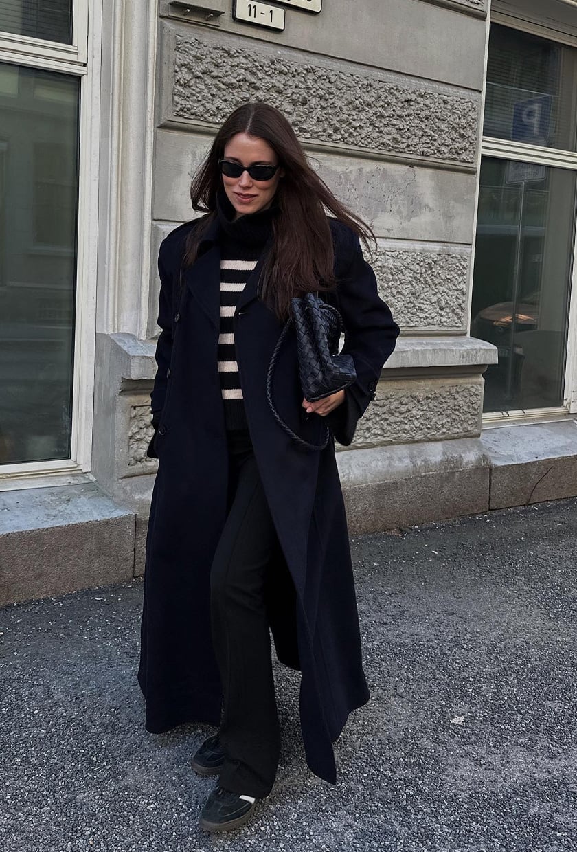 Striped Turtleneck Under Long Coat — Aesthetic Black Sweater Outfit