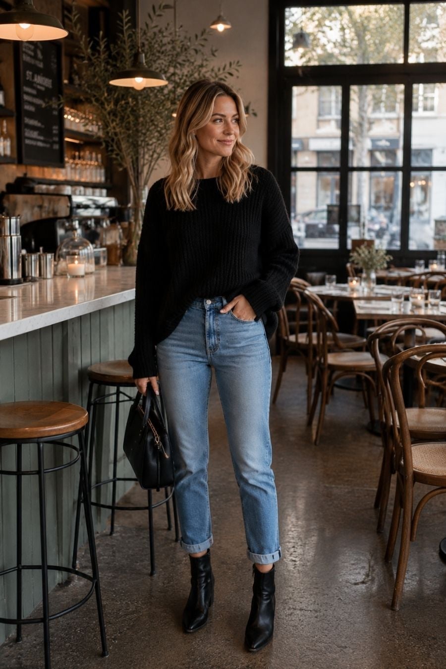 Ribbed Sweater With Light Wash Jeans — Aesthetic Black Sweater Outfit