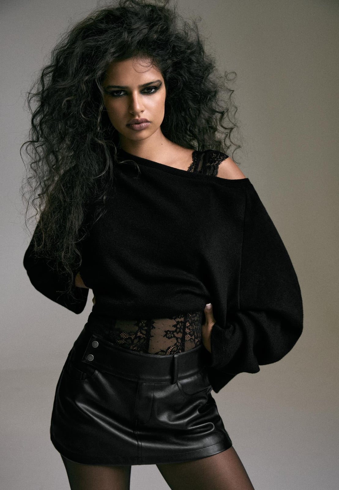 Off-Shoulder Sweater With Leather Skirt — Aesthetic Black Sweater Outfit