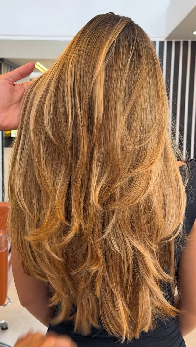 Mid-Back Butterfly Cut In Honey Butterscotch Blonde — Aesthetic Blonde Hair