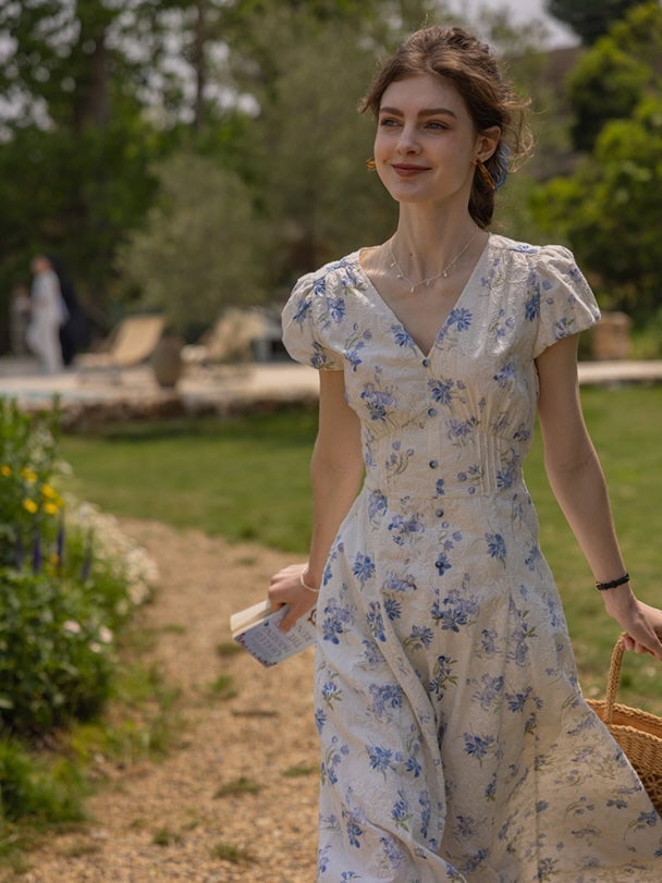 Cream Dress with Blue Floral Jacquard Print Cream Dress with Blue Floral Jacquard Print — Aesthetic Blue Dress Outfit