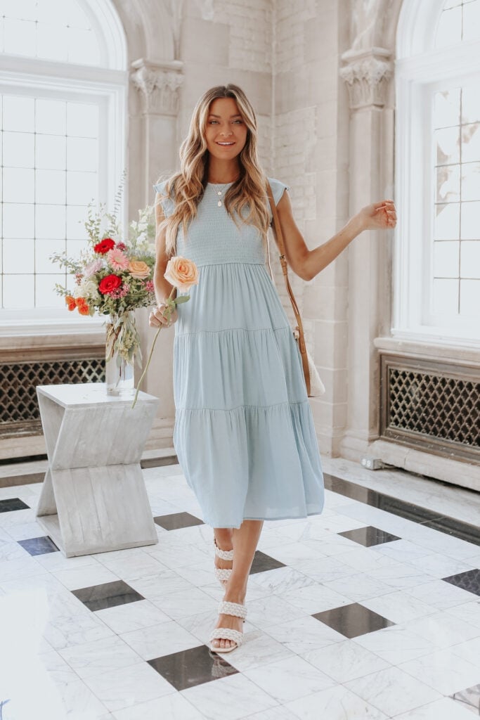 Light Blue Smocked Short-Sleeve Midi Dress Light Blue Smocked Short-Sleeve Midi Dress — Aesthetic Blue Dress Outfit