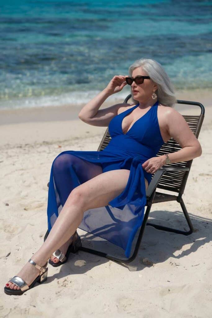 Royal Blue Halter Neck Dress with Sheer Overlay Royal Blue Halter Neck Dress with Sheer Overlay — Aesthetic Blue Dress Outfit