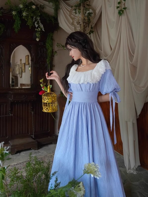 Light Blue Dress with White Lace Collar and Puff Sleeves Light Blue Dress with White Lace Collar and Puff Sleeves — Aesthetic Blue Dress Outfit