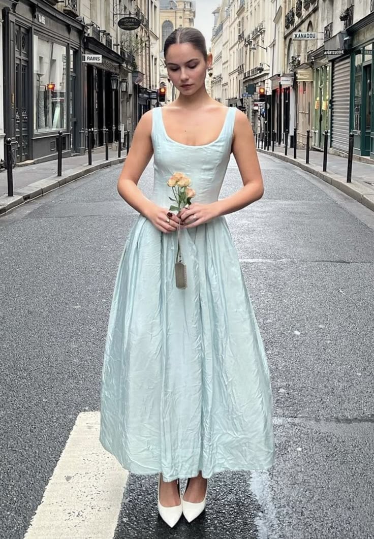 Pale Blue Crinkled Dress with Voluminous Skirt Pale Blue Crinkled Dress with Voluminous Skirt — Aesthetic Blue Dress Outfit