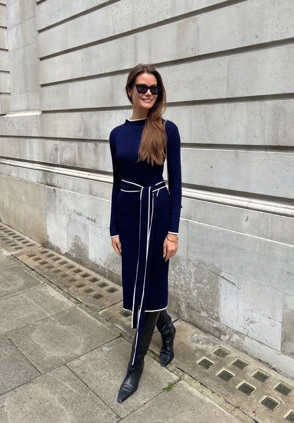 Navy Blue Knit Midi Dress with Contrast Trim Navy Blue Knit Midi Dress with Contrast Trim — Aesthetic Blue Dress Outfit