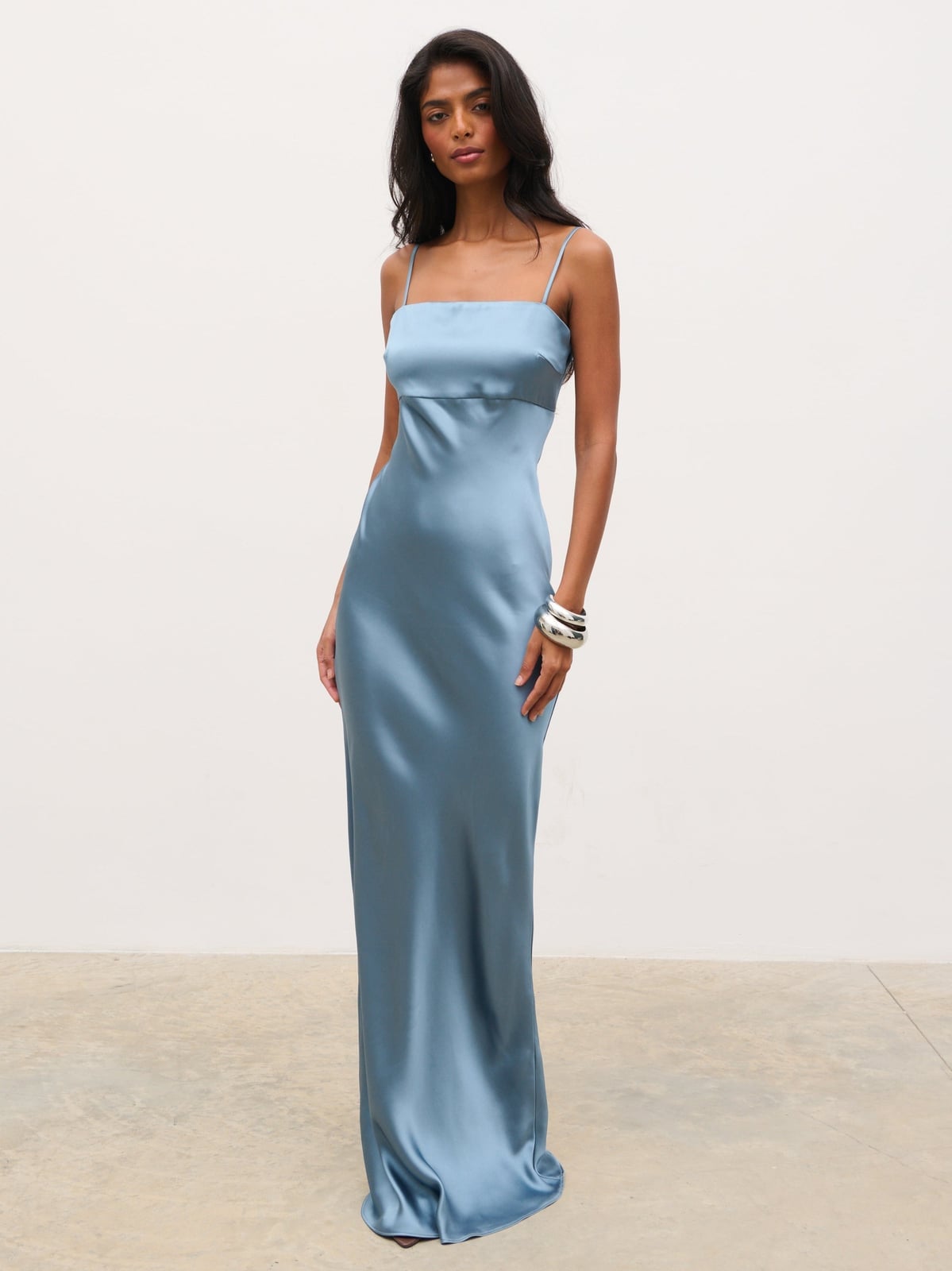 Slate Blue Satin Slip Maxi Dress Slate Blue Satin Slip Maxi Dress — Aesthetic Blue Dress Outfit