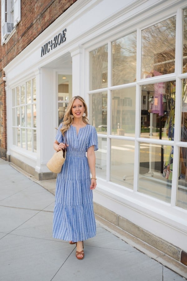 Blue and White Striped Midi Dress with Tiered Skirt Blue and White Striped Midi Dress with Tiered Skirt — Aesthetic Blue Dress Outfit