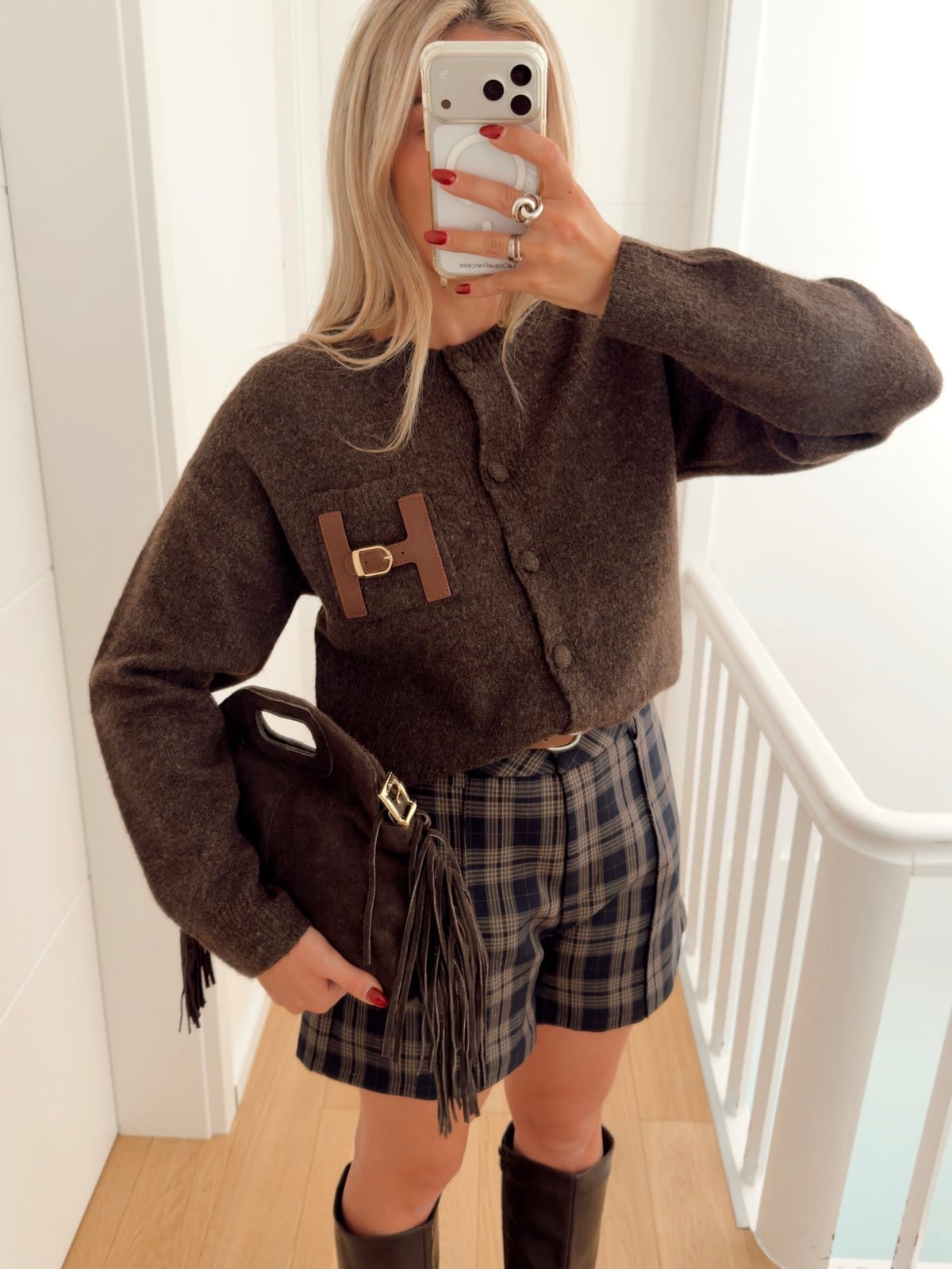 Fitted Brown Cardigan Under Relaxed Blazer with Plaid Shorts — Aesthetic Brown Cardigan Outfit