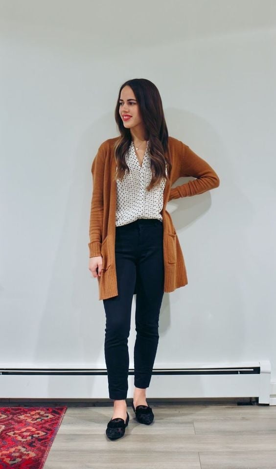 Brown Cardigan with Polka Dot Blouse and Fitted Trousers — Aesthetic Brown Cardigan Outfit