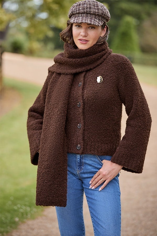 Brown Textured Cardigan with Collared Shirt and Jeans — Aesthetic Brown Cardigan Outfit