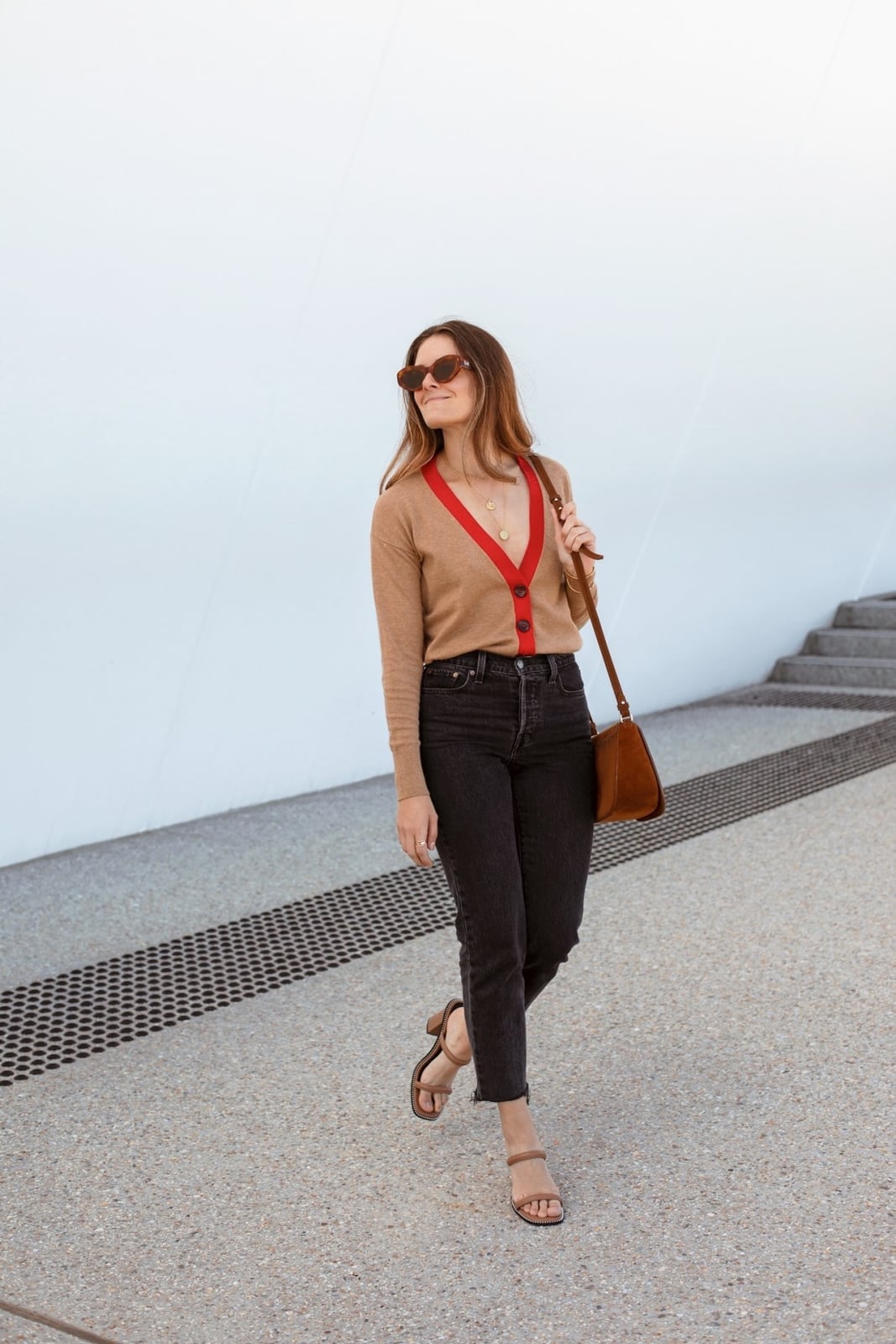 Brown Cardigan with Red Trim and Grey Jeans — Aesthetic Brown Cardigan Outfit