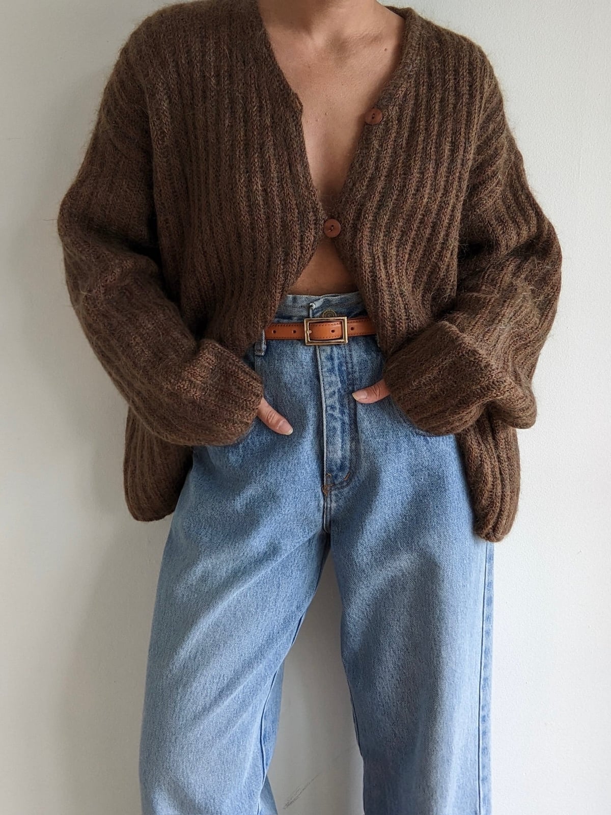 Textured Brown Mohair Cardigan with Single Button Closure — Aesthetic Brown Cardigan Outfit