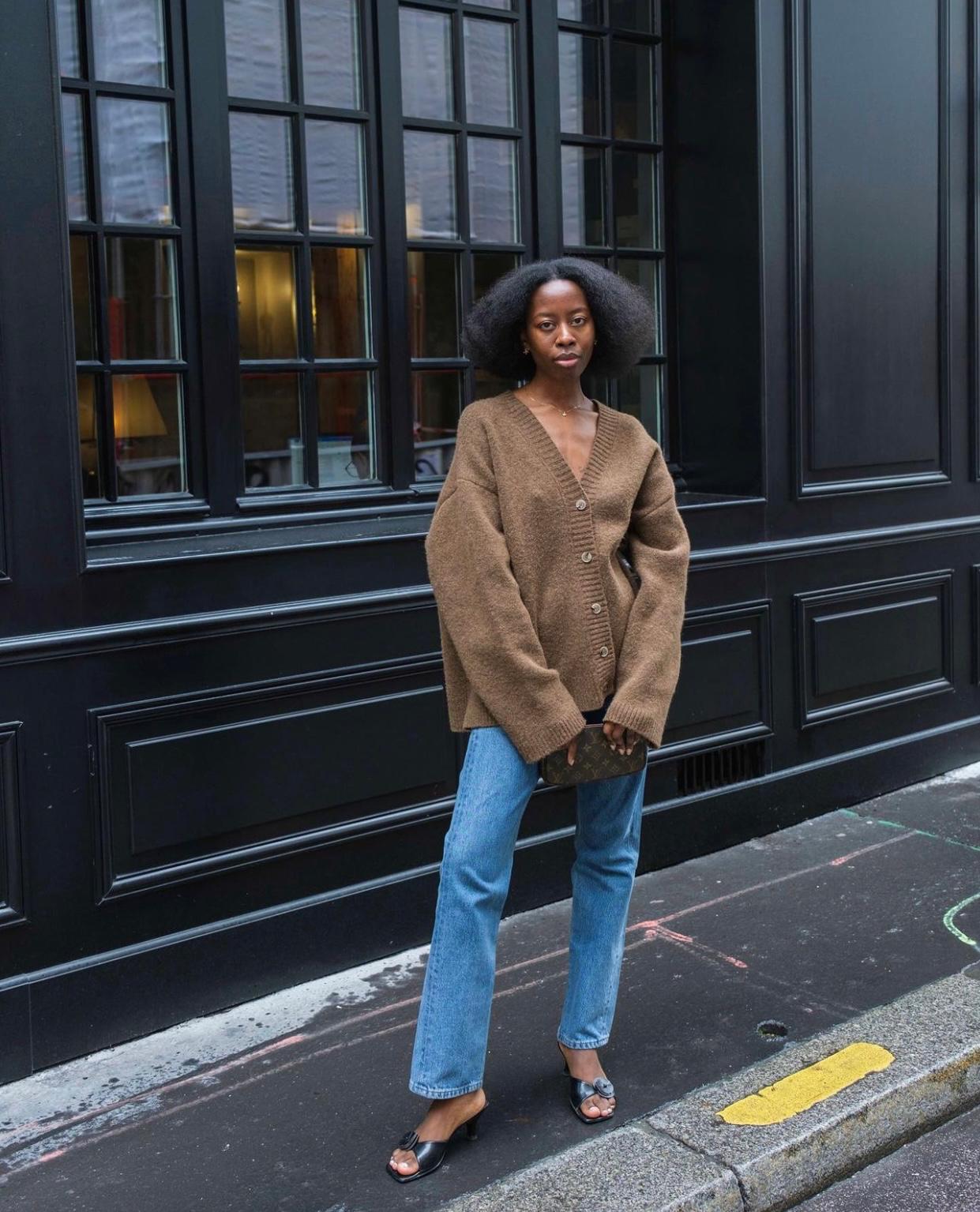 Brown Oversized Cardigan with Straight Leg Jeans — Aesthetic Brown Cardigan Outfit