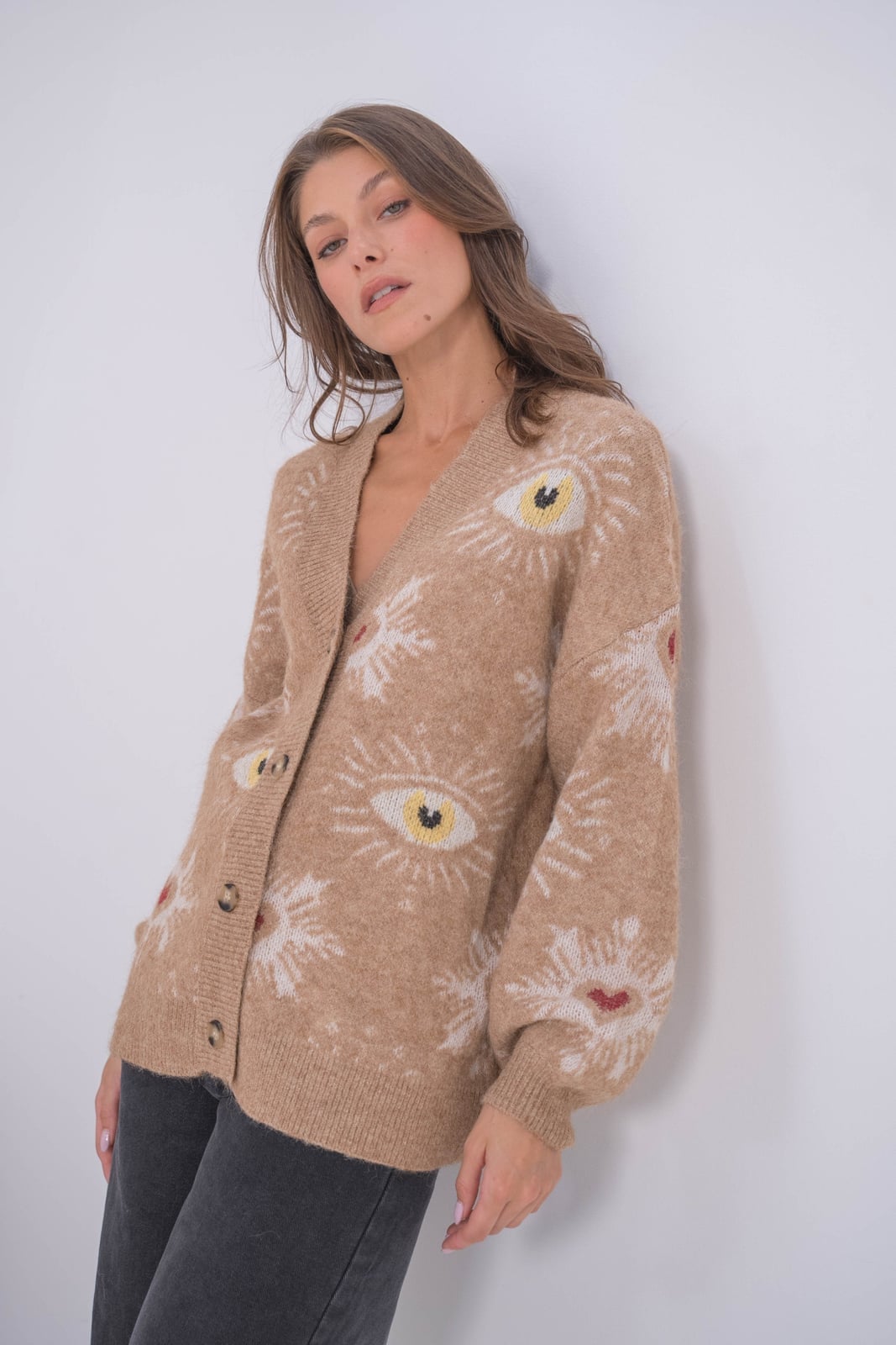 Beige Oversized Knit Cardigan with Eye and Heart Pattern — Aesthetic Brown Cardigan Outfit