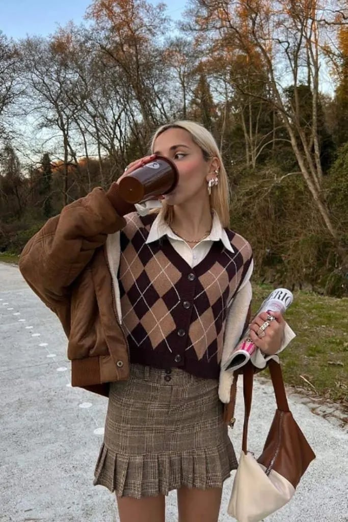 Brown Argyle Cardigan with Collared Shirt and Plaid Skirt — Aesthetic Brown Cardigan Outfit