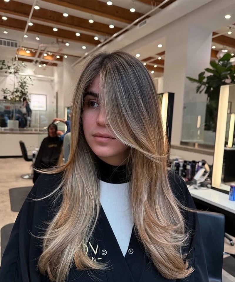 Collarbone Dark Blonde With Balayage And Curtain Bangs — Aesthetic Dark Blonde Hair