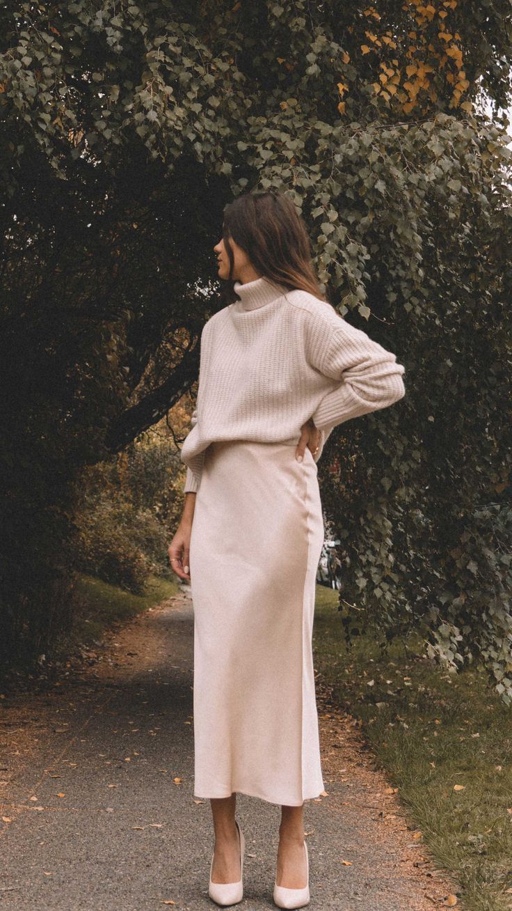 Cream Oversized Sweater with Satin Slip Skirt Cream Oversized Sweater with Satin Slip Skirt — Aesthetic Date Night Outfits