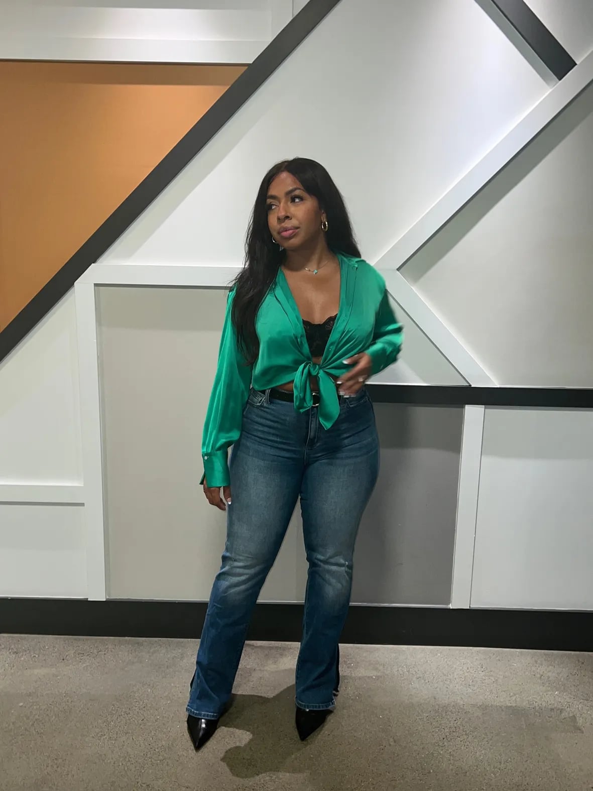Green Satin Blouse with Flare Jeans Green Satin Blouse with Flare Jeans — Aesthetic Date Night Outfits