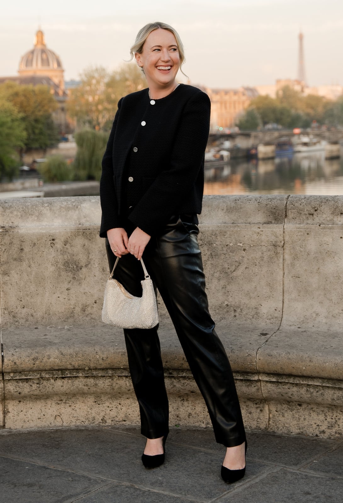 Black Tweed Jacket with Leather Trousers Black Tweed Jacket with Leather Trousers — Aesthetic Date Night Outfits