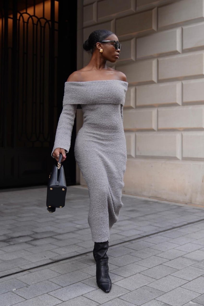 Grey Off-the-Shoulder Knit Midi Dress Grey Off-the-Shoulder Knit Midi Dress — Aesthetic Date Night Outfits
