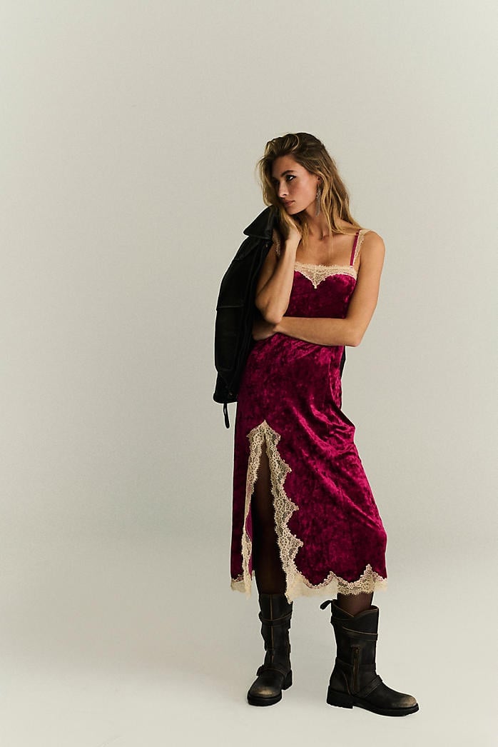 Deep Pink Velvet Slip Dress with Leather Jacket Deep Pink Velvet Slip Dress with Leather Jacket — Aesthetic Date Night Outfits