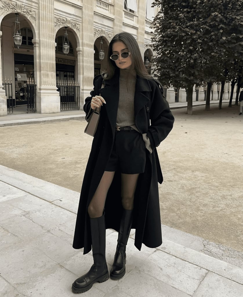 Long Black Trench Coat Over Shorts for Cold Weather Long Black Trench Coat Over Shorts for Cold Weather — Aesthetic Date Night Outfits