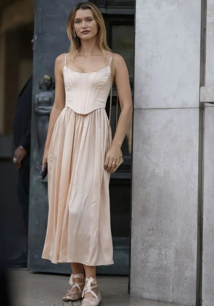 Pale Pink Satin Corset Bodice A-Line Dress — Aesthetic Dinner Dress