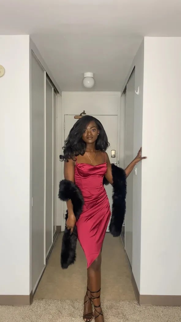Red Satin Cowl Neck Slip Dress with Slit — Aesthetic Dinner Dress