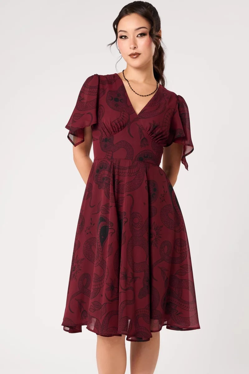 Burgundy Snake Print Chiffon Dress — Aesthetic Dinner Dress