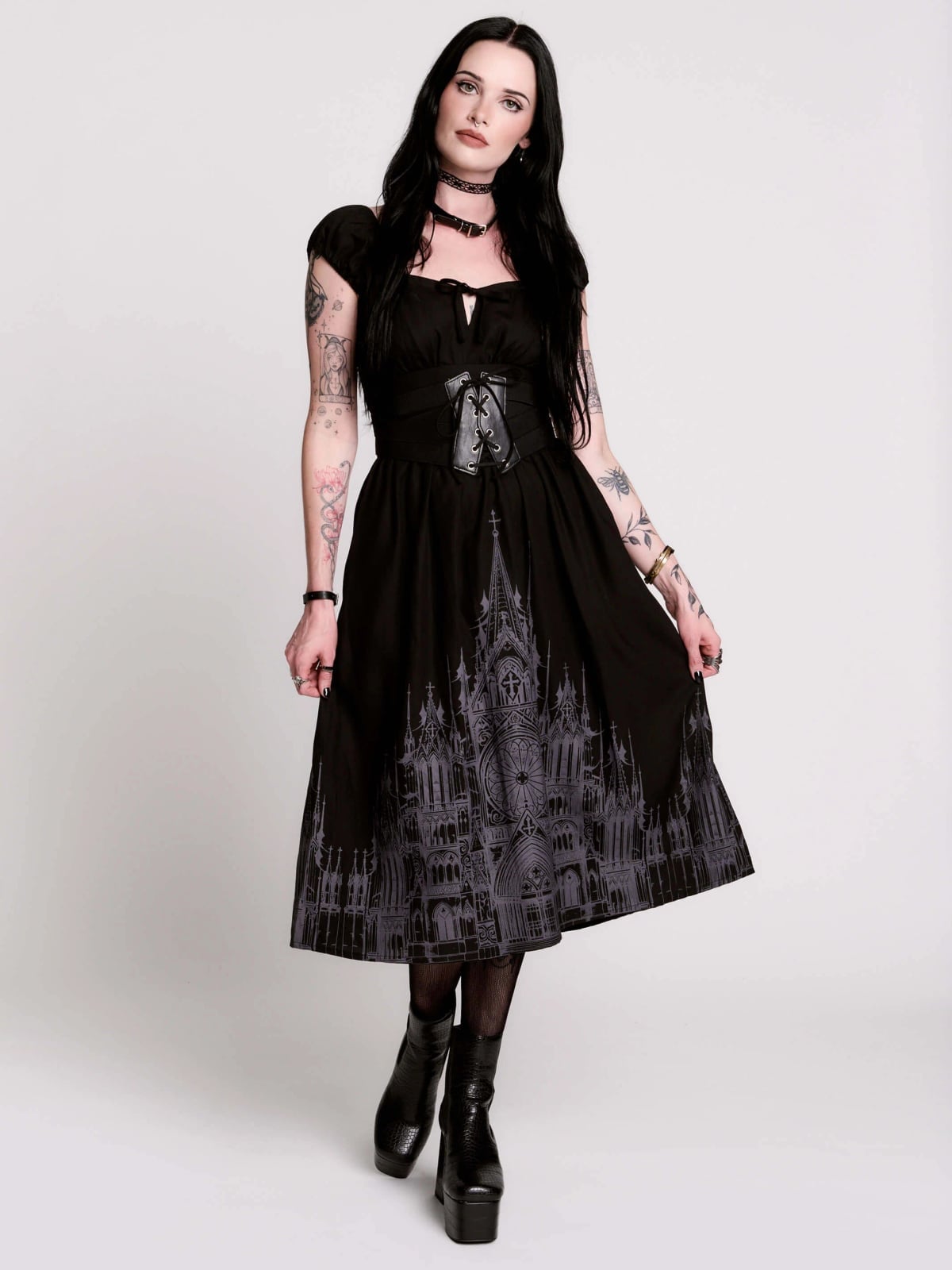 Black Architectural Print Fit and Flare Dress — Aesthetic Dinner Dress