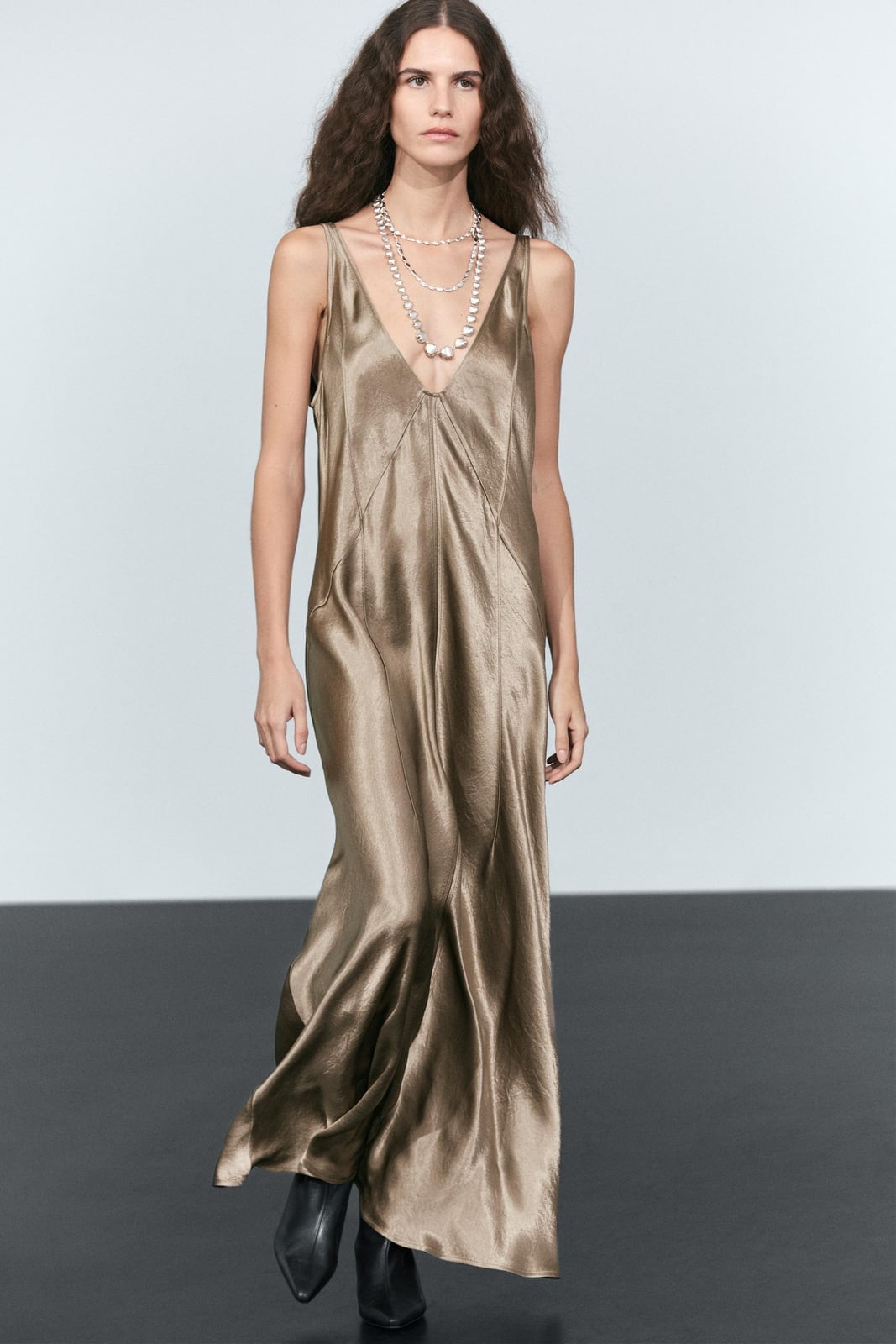 Champagne Satin Slip Dress with Layered Necklaces — Aesthetic Dinner Dress