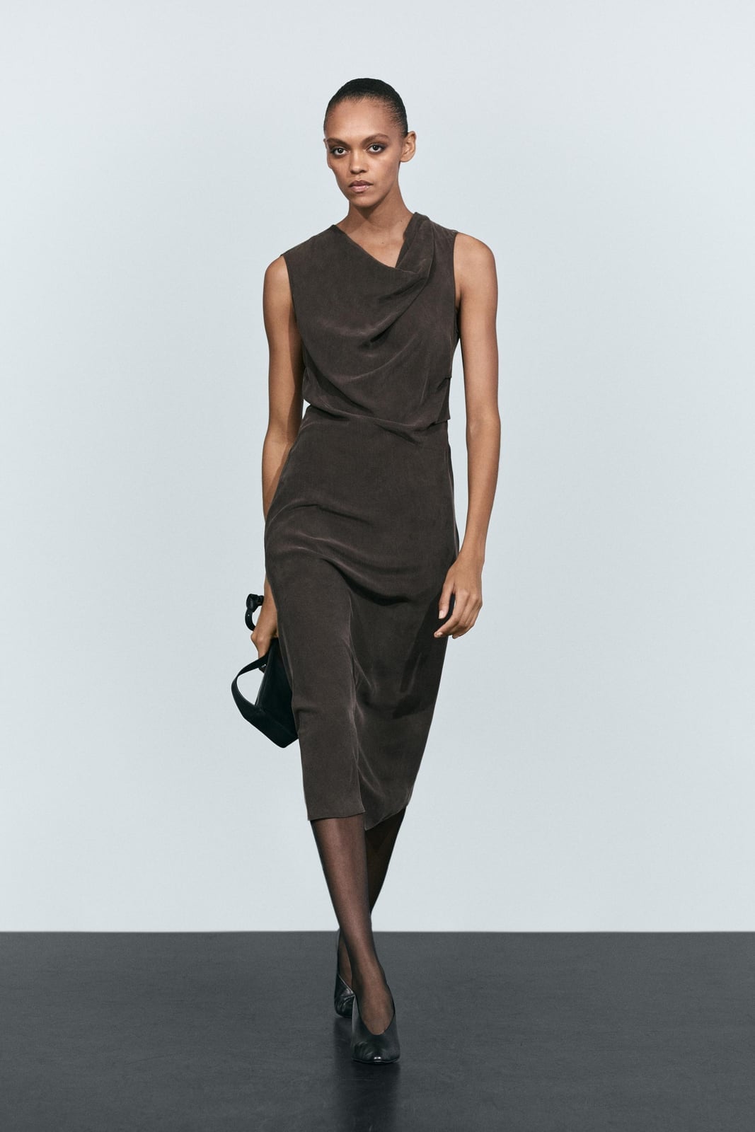 Dark Brown Cowl Neck Midi Dress — Aesthetic Dinner Dress