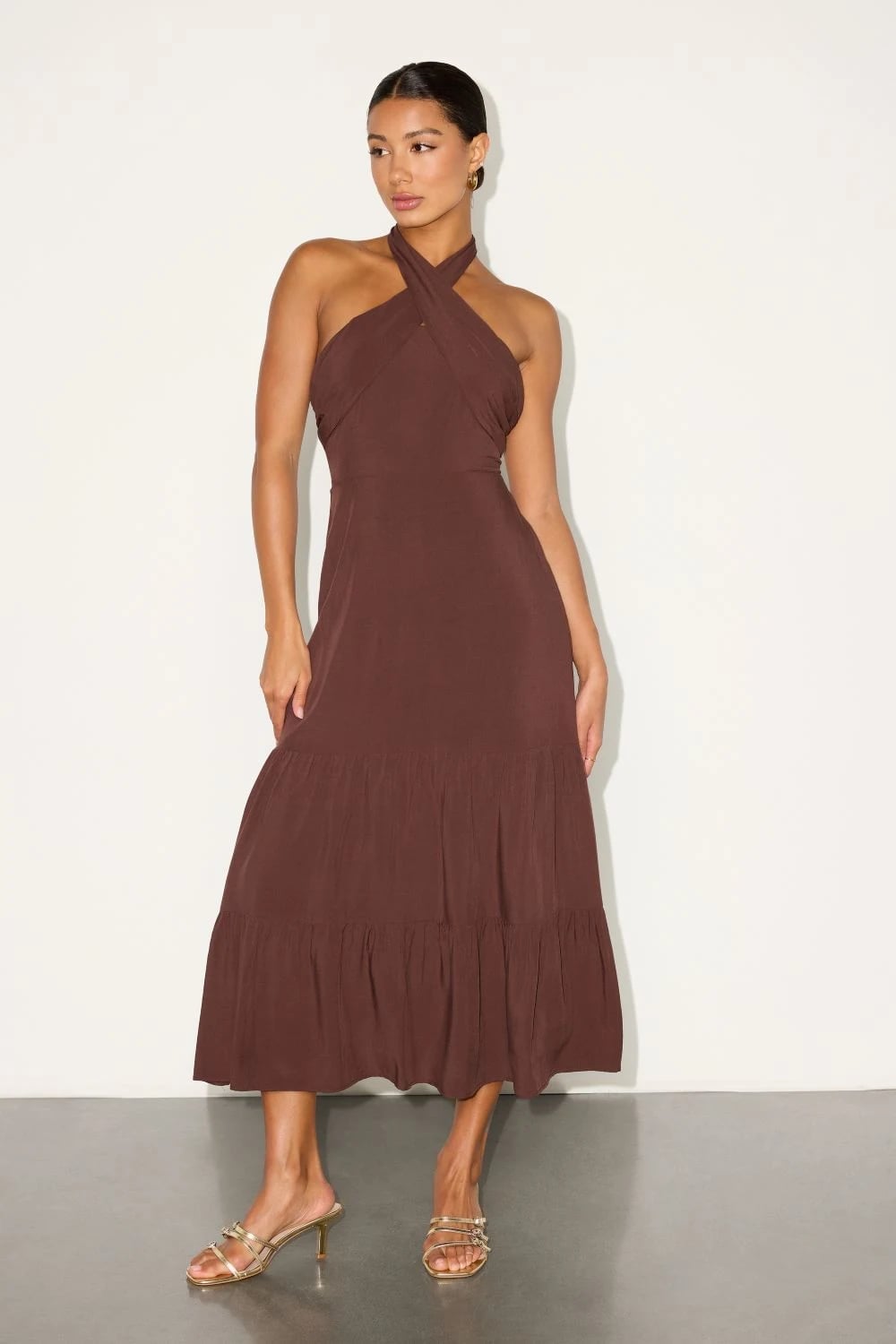 Brown Halter Neck Tiered Midi Dress — Aesthetic Dinner Dress