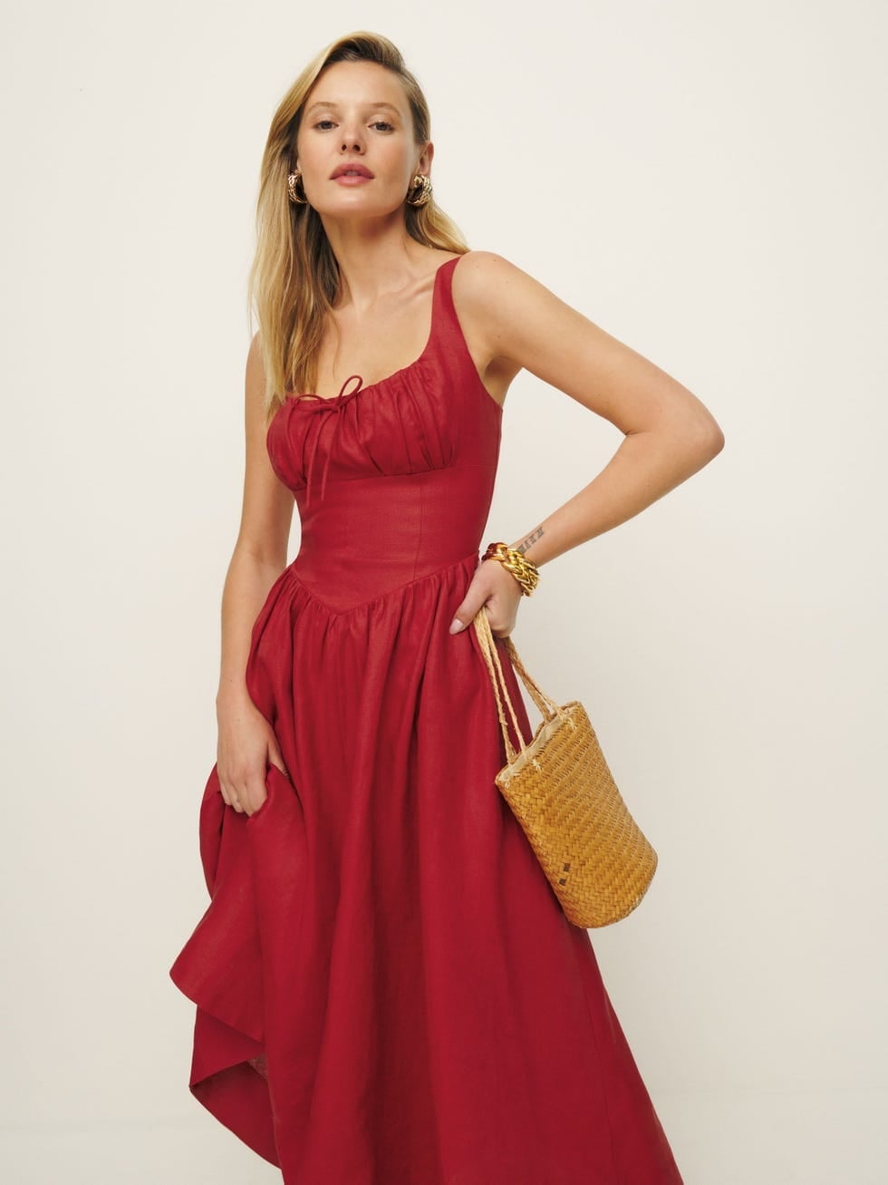 Red Linen Corset Detail Dress — Aesthetic Dinner Dress