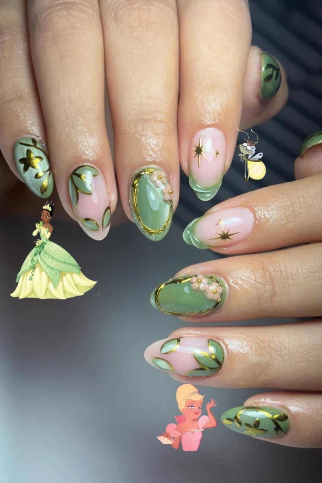 Pale Pink and Green Gold Leaf Long Almond Nails Pale Pink and Green Gold Leaf Long Almond Nails — Aesthetic Disney Nails