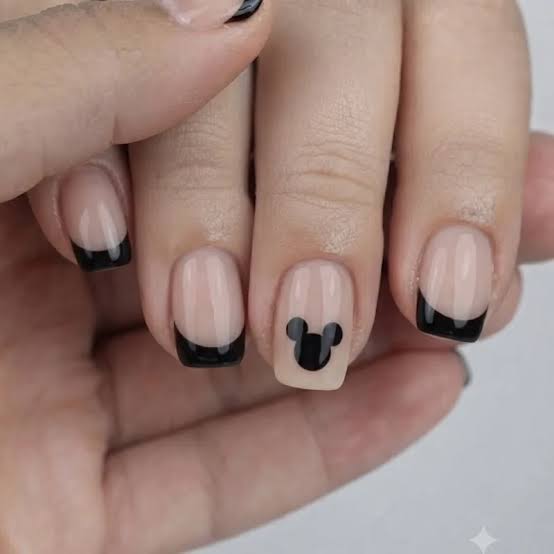 Milky Nude Black French Mickey Silhouette Short Almond Nails Milky Nude Black French Mickey Silhouette Short Almond Nails — Aesthetic Disney Nails