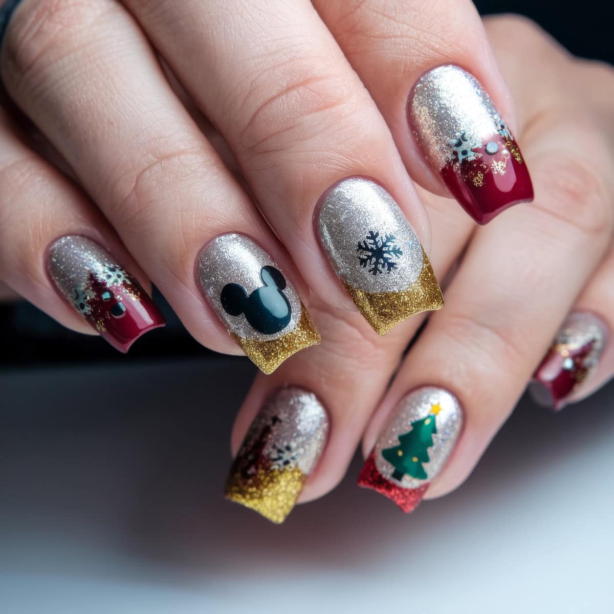 Festive Mickey Mouse Christmas Square Nails Festive Mickey Mouse Christmas Square Nails — Aesthetic Disney Nails
