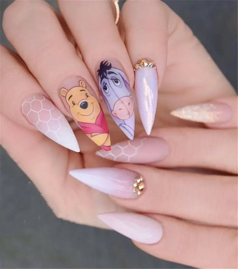 Winnie the Pooh and Eeyore Long Stiletto Nails Winnie the Pooh and Eeyore Long Stiletto Nails — Aesthetic Disney Nails