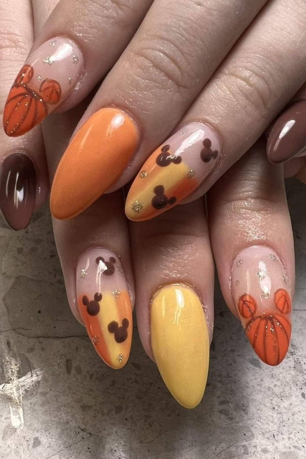Fall Gradient Mickey Heads Long Almond Nails Fall Gradient Mickey Heads Long Almond Nails — Aesthetic Disney Nails